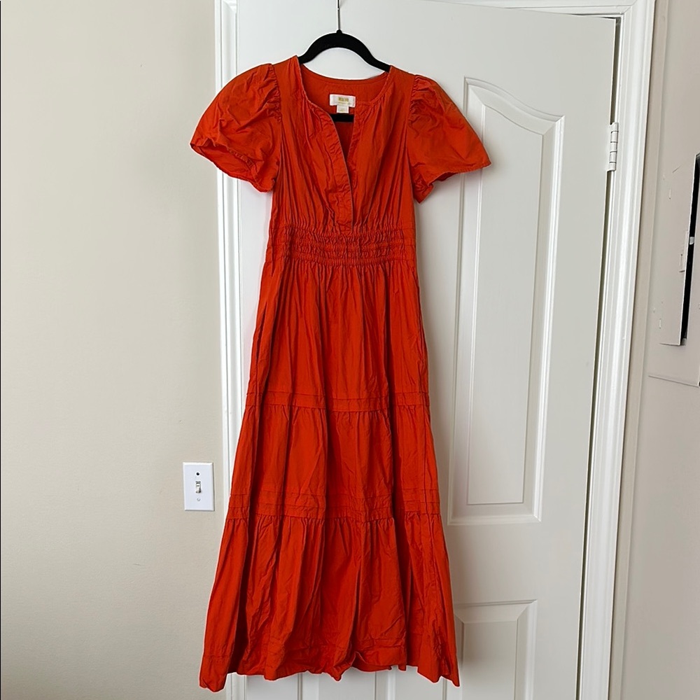 Maeve Red Orange Sundress with Puff Sleeves and V-Neck
